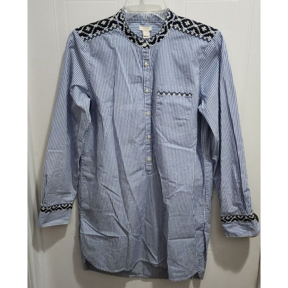 J.CREW Womens Long Sleeve Button Popover Blouse Long Tunic Embroidered Neck Sz S